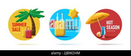 Set von Sommerferien 3D Aufkleber mit Illustrationen von Palmen und Koffer, Sonnenschirm mit Cocktail. Vektorgrafik Stock Vektor