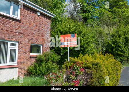 Immobilienmakler mit einem Let-Vereinbarungszeichen vor einem Haus, Schottland, Großbritannien, Europa Stockfoto