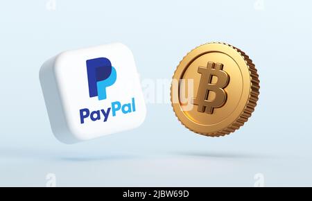 Valencia, Spanien - Juni, 2022: PayPal-Logo mit Bitcoin. Der größte Anbieter von elektronischem Geld ermöglicht die Übertragung von Kryptowährungen und die Abhebung von Bi Stockfoto