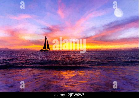 Ein Segelboot segeln bei Sonnenuntergang entlang des Ozeans mit Einem Vollmondaufgang im Illustrationsmalformat