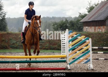 Aktive frau mädchen Jockey Training Reiten springen über Zaun. Pferdesport Wettbewerb und Aktivität. Stockfoto