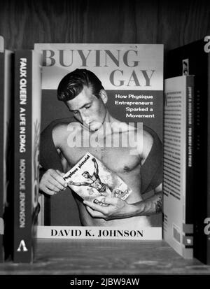 Ein Buh mit einem Homosexualität Thema zum Verkauf im Wahrzeichen City Lights Booksellers Shop in San Francisco, Kalifornien. Stockfoto