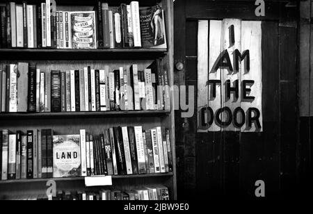 Eine rätselhaft bemalte Tür im Untergeschoss des berühmten City Lights Booksellers Shops in San Francisco, Kalifornien. Stockfoto