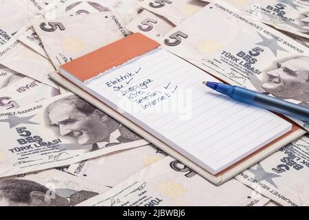 Monatliche Ausgabenliste in türkischer Sprache auf türkischen Lira-Banknoten Stockfoto