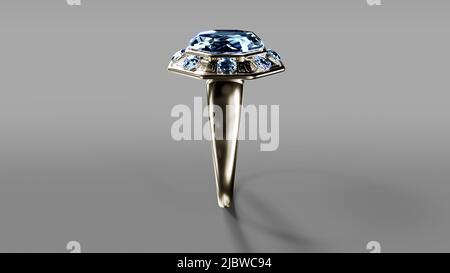 Verlobungsring aus Weißgold mit Diamant auf grauem bg, fiktiv - abstrakte Abbildung 3D Stockfoto