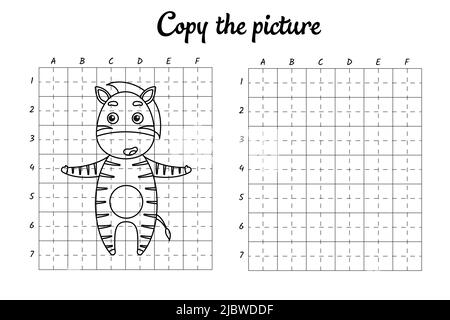 Kopieren Sie das Bild. Zeichnen durch Raster. Malbuch-Seiten für Kinder. Handschrift üben, Zeichnen Fähigkeiten Training. Bildung Entwicklung druckbarer Arbeitsblätter. Stock Vektor