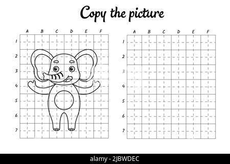 Kopieren Sie das Bild. Zeichnen durch Raster. Malbuch-Seiten für Kinder. Handschrift üben, Zeichnen Fähigkeiten Training. Bildung Entwicklung druckbarer Arbeitsblätter. Stock Vektor