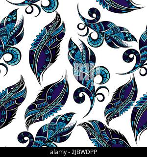 Nahtloses Muster mit Vektor-Set aus abstrakten blauen Federn mit Mustern auf weißem Hintergrund, Zen-Art-Stil Stock Vektor