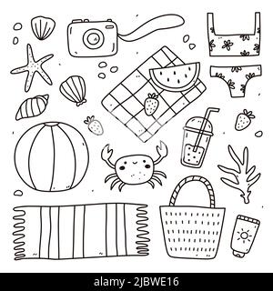 Set von Sommerkritzeln - weiblicher Bikini, Weidensack, Handtuch, Sonnencreme, Strandball, Fotokamera, Früchte, Muscheln und andere Stock Vektor
