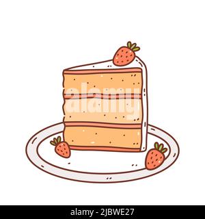 Süßer Erdbeerkuchen auf einem Teller. Süßes Dessert mit Beeren auf weißem Hintergrund isoliert dekoriert. Vektor handgezeichnete Illustration im Doodle-Stil.perfekt für Urlaubsdesigns, Karten, Dekorationen, Logo Stock Vektor