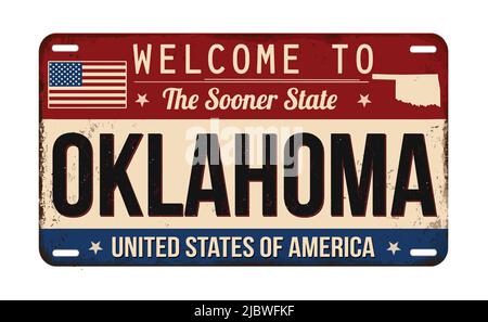 Willkommen bei Oklahoma vintage rostigen Nummernschild auf weißem Hintergrund, Vektor-Illustration Stock Vektor