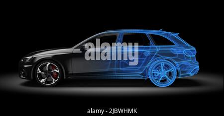 Schwarz und Drahtmodell generische und nicht-Marken-Auto. 3D Abbildung Stockfoto