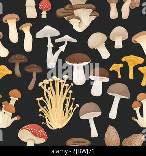 Vektor Nahtloses Patern mit essbaren, giftigen, ungenießbaren Pilzen. Handgezeichnete Cartoon-Pilze. Verschiedene Pilze auf Schwarz. Agaric Fliegen, Champignon Stock Vektor