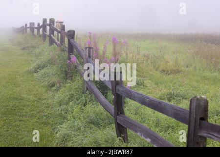 Nebliger Blick am Morgen entlang eines Holzzauns Stockfoto