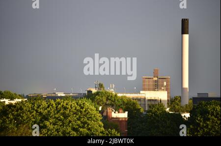 Manchester, Großbritannien. 8. Juni 2022. Sonnenschein in Manchester, England, an einem ruhigen und trockenen Juniabend. Der Turmblock ist Owen's Park. Der Turm ist der Verbrennungsturm oder der Abfallentsorgungsturm der Manchester Royal Infirmary. Kredit: Terry Waller/Alamy Live News Stockfoto