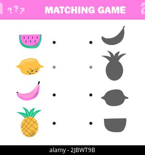 Pädagogisches Spiel für Kinder. Finde den richtigen Schatten. Aktivitäten für Kinder mit Cartoon-Früchten. Wassermelone, Zitrone, Banane, Ananas Stock Vektor