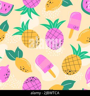 Mehrfarbige Sommerfrüchte Nahtloses Muster für Tapete, Verpackung und Textil. Wiederholen Sie Stoff für Kleidung, Taschen. Zitrone, Eis, Ananas Stock Vektor