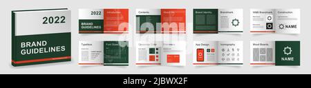 Vorlage für Markenrichtlinien. Vorlage für Richtlinien für dunkelgrüne Logos. Multifunktionelles Markenhandbuch-Präsentationsmodo. Logo Guide Book Layout Stock Vektor