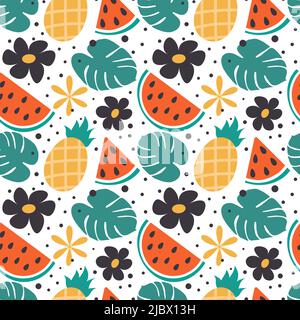 Strahlendes Sommer-Nahtloses Muster mit handgezeichneten Sommerelementen in trendigen Farben und dekorativen Elementen wie Wassermelonenscheibe, Blumen, Ananas, exotischen Blättern. Modisches Druckdesign. Rost für Geschenkpapier, Poster, Postkarte, Grußkarte, Preisschild, Banner. Lifestyle. Stock Vektor