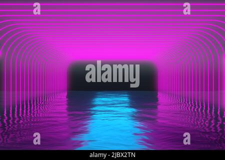 Korridor aus violetten Neonlinien über dem Wasser. 3D Rendern Stockfoto