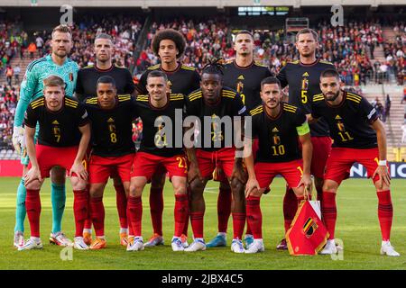 BRÜSSEL, BELGIEN - 8. JUNI: LR: Wout Faes aus Belgien, Toby Alderweireld aus Belgien, Axel Witsel aus Belgien, Arthur Theate aus Belgien, Jan Vertonghen aus Belgien, FR: Kevin De Bruyne aus Belgien, Youri Tielemans aus Belgien, Timothy Castagne aus Belgien, Michy Batshuayi aus Belgien, Eden Hazard (c) aus Belgien, Yannick Carrasco aus Belgien während der UEFA Nations League Ein Spiel der Gruppe 4 zwischen Belgien und Polen im Stade ROI Baudouin am 8. Juni 2022 in Brüssel, Belgien (Foto: Joris Verwijst/Orange Picles) Stockfoto