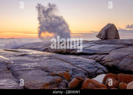 Sonnenaufgang am Bicheno Blowhole Stockfoto