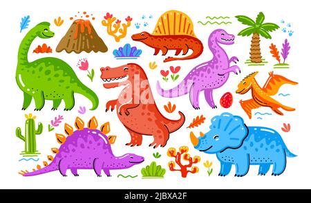 Set von niedlichen farbigen Dinosauriern. Lustige Tiere Konzept. Vektorgrafik im Cartoon-Stil Stock Vektor