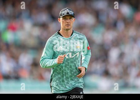 LONDON, GROSSBRITANNIEN. 08. Juni 2022. Jason Roy vom Surrey Cricket Club während der Vitality Blast - Surry vs Sussex Sharks auf dem Kia Oval Cricket Ground am Mittwoch, den 08. Juni 2022 in LONDON ENGLAND. Kredit: Taka G Wu/Alamy Live Nachrichten Stockfoto