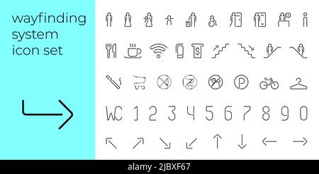 Wegfindungssystem linear modernes Icon Set. Way Finding Outline Symbol Sammlung. Beschilderung zum Einkaufszentrum. Informationstafeln für Hotels oder öffentliche Orte. Hinweisschilder zum Wohnkomplex. Vektor Stock Vektor