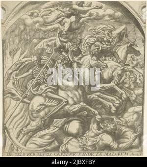 Die vier Reiter der Apokalypse reiten durch die Luft. Von hinten nach vorne: Der Sieger mit einem Bogen, Krieg mit einem großen Schwert, Hunger mit Schuppen und Tod mit einer Sense (Op. 6:1-8). Am Himmel fliegt ein Engel, der den Victor krönt, vier Reiter der Apokalypse De Celo per eqvos capitvr vindicta malorvm, Offenbarung des Johannes (Serientitel)., Druckerei: Gerard van Groeningen, Antwerpen, 1563 - 1574, Papier, Radierung, Gravur, H 269 mm × B 249 mm Stockfoto