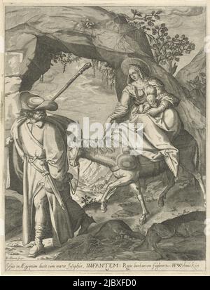 Felsige Landschaft mit Maria, die auf dem Esel reitet, und dem Christkind in ihren Armen. Joseph führt das Tier an den Zügeln. Am Rand eine lateinische Beschriftung, Flucht nach Ägypten., Druckerei: Pieter Perret, (auf Objekt erwähnt), Hendrik Withoeck, (auf Objekt erwähnt), Antwerpen, 1591, Papier, Gravur, H 265 mm × B 200 mm Stockfoto