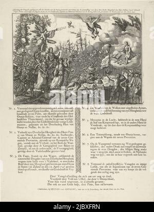 Allegorie auf die Ernennung von Prinz Wilhelm IV. Zum Stadthalter der Republik, Mai 1747. Wilhelm IV. Tritt in Begleitung von Minerva, Freedom und Prudence in einem vom niederländischen Löwen gezogenen Wagen in den niederländischen Garten ein. Am Himmel der Ruhm und Merkur, rechts die Wahrheit in den Wolken, im Vorder- und Hintergrund jubelnde Bewohner. Auf dem Blatt unter dem Schild die Erklärung der Zahlen 1-8 und ein vierzeiliger Vers, Allegorie der Ernennung von Wilhelm IV. Zum Stadtisten der Republik, 1747 Bild der Freude, begangen in allen Städten der Sieben vereinigten Provinz, durch die Ernennung von Stockfoto