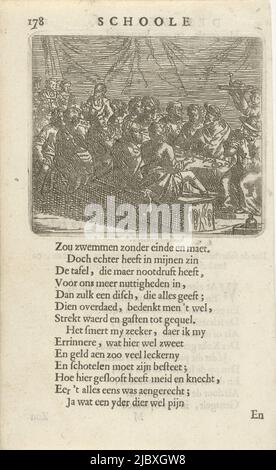 Viele Männer und Frauen sitzen an einem langen, gedeckten Tisch. Rechts wird ein Gericht serviert. Drucken aus einem Buch mit 36 Abzügen mit Satzbildern. Verwendeter Druck: F. van Hoogstraten, De schoole der wereld, 1682, großes Unternehmen ein Esstisch LXXXI. Über den Anblick eines großen und teuren Gastmael (Titel auf Objekt), Druckerei: Arnold Houbraken, Nordniederland, 1682, Papier, Radierung, Buchdruck, H 72 mm × B 82 mm, H 157 mm × B 95 mm Stockfoto