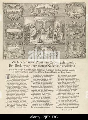 Der schlafende Bauer von Stolwijk oder der schlafende Bauer von Stolk. Der thatcher Dirk Klaasz de Bakker schlief vom 29. Juni 1706 bis zum 11. Januar 1707 (27 Wochen) und schlief nach dem Aufwachen bis zum 15. März 1707 wieder ein. In der Mitte ein Zimmer mit dem Bett mit dem Schlafenden und mehreren Besuchern. Diese Szene ist von acht kleineren Szenen mit Stadtansichten und Emblemen umgeben. Auf dem Bogen unter der Platte ein Vers in drei Spalten gedruckt. In der Hauptszene und in den Emblemen sind Zahlen, auf die im Mock-up Bezug genommen wird. Wie die Nummer 1 oben rechts, bei der Neid aus der Erde ausbricht und verdunkelt Stockfoto