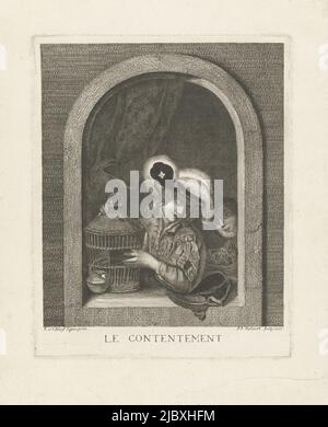 Junge mit leerem Vogelkäfigkopf an zweiten Jungen mit Vogelnest, im Fenster., Junge mit Vogelkäfig Le contentement (Titel auf Objekt), Druckerei: Joannis Jacobus Bijlaert, (auf Objekt erwähnt), Adriaen van der Werff, (auf Objekt erwähnt), Leiden, 1767, Papier, Radierung, Gravur, H 230 mm × B 184 mm Stockfoto