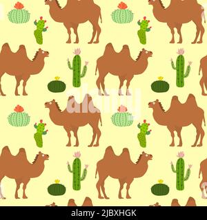 Muster mit Kakteen und Kamelen. Vektorgrafik auf farbigem Hintergrund. Stock Vektor