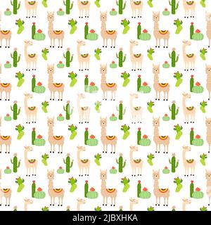 Muster mit Lamas und Kakteen. Vektorgrafik. Stock Vektor