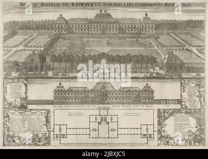 Das Haus ter Nieuburch in Rijswijk, Ort der Friedensverhandlungen 1697 zur Beendigung des neun-Jahres-Krieges. Blick auf die Vorderseite des Hauses mit den Wagen der Unterhändler im Garten. Mit einem zweiten Blick auf die Fassade und einem Plan des Hauses. Rechts die Legende A-I und 1-19 auf Französisch. Unten in zwei Kartuschen, geschmückt mit allegorischen Figuren, die Namen der Friedensverhandler, Huis ter Nieuburch in Rijswijk, Ort der Friedensverhandlungen 1697 Maison Royale de Ryswyck ou l'on tient les conferences pour la paix (Titel auf Objekt), Druckerei: J. Abraham Rietkessler, (erwähnt auf Stockfoto