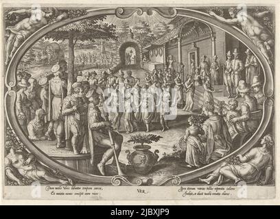 Zentral in einer Kartusche ein Bild einer Outdoor-Party. In einem großen Garten tanzen und spielen Menschen Musik. Im Hintergrund spielen Menschen ein Spiel. Der Druck hat eine lateinische Beschriftung und ist Teil einer Serie über die vier Jahreszeiten., Spring Ver the Four Seasons (Serientitel), Druckerei: Philips Galle, Jan van der Straet, (auf Objekt erwähnt), Verlag: Philips Galle, (auf Objekt erwähnt), Druckerei: Antwerpen, Florenz, Verlag: Antwerpen, c. 1578 - c. 1582, Papier, Gravur, B 305 mm × H 220 mm Stockfoto