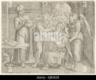 Auf der Heimkehr von Tobias und dem Engel legt Tobias seinem blinden Vater Tobit die Galle des Fisches auf die Augen. Danach kann Tobit wieder sehen. Anna schaut von links, Healing of Tobit Geschichte von Tobias (Serientitel), Druckerei: Cornelis Massijs, (erwähnt auf Objekt), Antwerpen, 1544 - 1556, Papier, Gravur, H 73 mm × B 95 mm Stockfoto