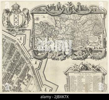 Große Karte der Stadt Amsterdam von 1625. Oben links eine Ansicht der Stadt und oben rechts eine Karte der Umgebung. Auf der rechten Seite eine Liste der Namen der Straßen auf der Alten und Neuen Stadt. Die Karte besteht aus neun Blättern, von denen zwei fehlen. Dies ist das Blatt oben rechts mit der Karte der Umgebung von Amsterdam: Amstelland, Karte von Amsterdam (Blatt oben rechts), 1625, Druckerei: Balthasar Florisz. Van Berckenrode, Balthasar Florisz. Van Berckenrode, Verlag: Philippus Molevliet, Amsterdam, 1625, Papier, Ätzung, H 458 mm × B 532 mm Stockfoto