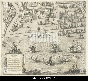 Große Karte der Stadt Amsterdam von 1625. Oben links eine Ansicht der Stadt und oben rechts eine Karte der Umgebung. Auf der rechten Seite eine Liste der Namen der Straßen auf der Alten und Neuen Stadt. Die Karte besteht aus neun Blättern, von denen zwei fehlen. Dies ist das Blatt in der linken unteren Ecke mit dem Hafen und dem Fluss IJ und ein Gedicht über die Stadt Amsterdam von Petrus Scriverius, Plattegrond van Amsterdam (Karte von Amsterdam), 1625, Druckerei: Balthasar Florisz. Van Berckenrode, Balthasar Florisz. Van Berckenrode, Verlag: Philippus Molevliet, Druckerei: Nord-Niederlande Stockfoto