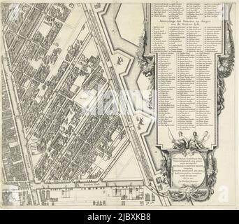 Große Karte der Stadt Amsterdam von 1625. Oben links eine Ansicht der Stadt und oben rechts eine Karte der Umgebung. Auf der rechten Seite eine Liste der Namen der Straßen auf der Alten und Neuen Seite der Stadt. Die Karte besteht aus neun Blättern, von denen zwei fehlen. Dies ist das Blatt in der Mitte rechts mit der Noorderkerk und dem Jordaan im Bau., Karte von Amsterdam (Blatt in der Mitte rechts), 1625, Druckerei: Balthasar Florisz. Van Berckenrode, (auf Objekt erwähnt), Balthasar Florisz. Van Berckenrode, Verlag: Philippus Molevliet, (auf Objekt erwähnt), Druckerei: Northern Stockfoto