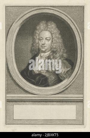 Porträt von Bruno van der Dussen, Bürgermeister und Rentner von Gouda, in einem Oval. Das Porträt ruht auf einem Sockel mit einem leeren Feld für seinen Namen., Porträt von Bruno van der Dussen, Druckerei: Jacob Houbraken, Amsterdam, 1749 - 1780, Papier, Gravur, H 175 mm × B 118 mm Stockfoto