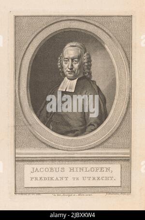 Büste links von Jacobus Hinloopen in einem Oval. Das Porträt ruht auf einem Sockel mit seinem Namen und Details in zwei Zeilen auf Niederländisch., Porträt von Jacobus Hinloopen Jacobus Hinloopen , Druckerei: Jacob Houbraken, (auf Objekt erwähnt), Zeichner: Hendrik Pothoven, (auf Objekt erwähnt), Herausgeber: Weduwe Jacobus Loveringh & Johannes Allart, (auf Objekt erwähnt), Amsterdam, 1776, Papier, Gravur, H 176 mm × B 118 mm Stockfoto