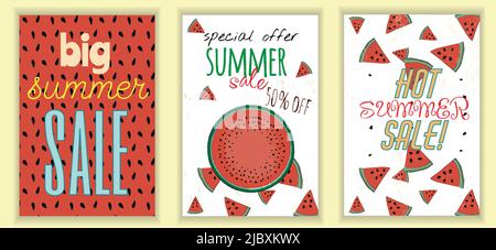 Ein Satz von drei Vorlagen mit der Aufschrift Sommer Verkauf auf Wassermelone Stücke und Wassermelone-Muster. Gestaltung von Werbebannern. Stock Vektor