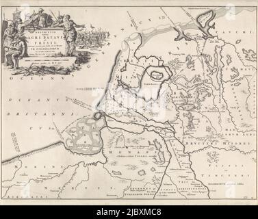 Karte markiert unten rechts: Tab. II, Historische Karte der Niederlande zur Zeit der Batavier und der Friesen II Descriptio veteris Agri Batavi et Frisii , Druckerei: Jan Luyken, Verlag: Henricus Wetstein, Amsterdam, 1697, Papier, Ätzung, H 342 mm × B 429 mm Stockfoto