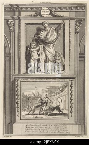 Der heilige apostolische Vater Ignatius von Antiochien wird von einem Löwen begleitet und sieht den Engel an, der ein nicht gerolltes Stück Papier neben sich hält. Ignatius steht auf einem Sockel, auf dem die Vorderseite zeigt, wie er im Kolosseum in Rom von Löwen zermalmen wird. Drucken markiert oben Mitte: II: Teil: Pag: 138., Heiliger Ignatius von Antiochien, Apostolischer Vater Ignatius, Bischof von Antiochia. In Rom, im Kamin, den Löwen geworfen, Druckerei: Jan Luyken, (auf Objekt erwähnt), Druckerei: Zacharias Chatelain (II), (auf Objekt erwähnt), Zeichner: Jan Goeree, (auf Objekt erwähnt Stockfoto