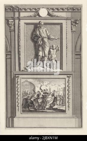 Der heilige Apologe Quadratus von Athen in der Gesellschaft einer Eule und eines Engels. Quadratus steht auf einem Sockel, auf dem sein Martyrium auf der Vorderseite abgebildet ist, St. Quadratus von Athen, Apologe, Druckerei: Jan Luyken, Druckerei: Zacharias Chatelain (II), Zeichner: Jan Goeree, Amsterdam, 1698, Papier, Radierung, Gravur, H 274 mm × B 172 mm Stockfoto