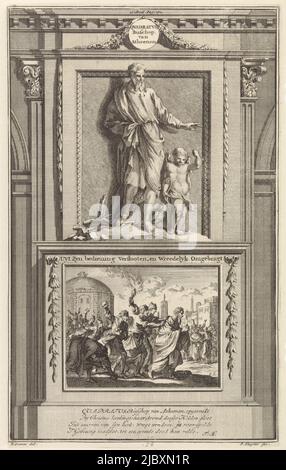 Der heilige Apologe Quadratus von Athen in der Gesellschaft einer Eule und eines Engels. Quadratus steht auf einem Sockel, auf dem sein Martyrium auf der Vorderseite abgebildet ist. Drucken markiert oben Mitte: II: Teil Pag. 171., H. Quadratus von Athen, Apologe Quadratus, Bischof von Athen. UYT Zyn bedieing Verstooten, en Wreedely Omgebragt , Druckerei: Jan Luyken, (erwähnt auf Objekt), Druckerei: Zacharias Chatelain (II), (zugeschrieben Werkstatt von), Zeichner: Jan Goeree, (erwähnt auf Objekt), Amsterdam, 1698, Papier, Radierung, Gravur, H 275 mm × B 170 mm Stockfoto